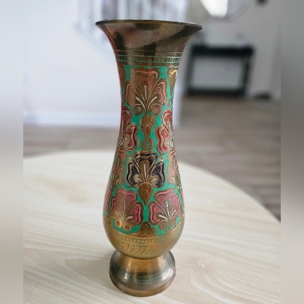 Antique Decorative Brass Floral Vase 9" - Picture 3 of 10
